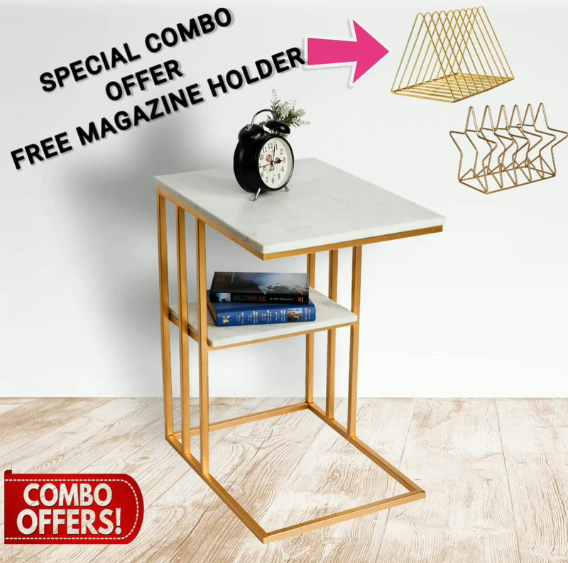 Creative White Marble & Metal Stone Side/Coffee Table With Magazine Holder ( Random Design ) By Fita