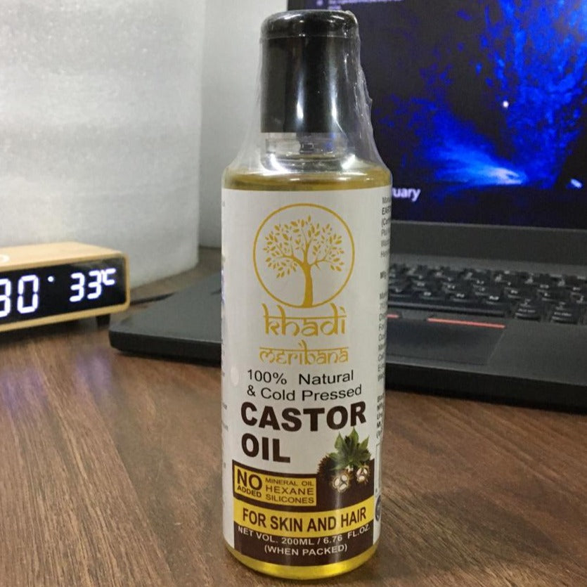 Khadi Meribana India Earth Science Ayurveda Cold Pressed Castor Oil For Hair and Skin (200 ml) Pack Of 2