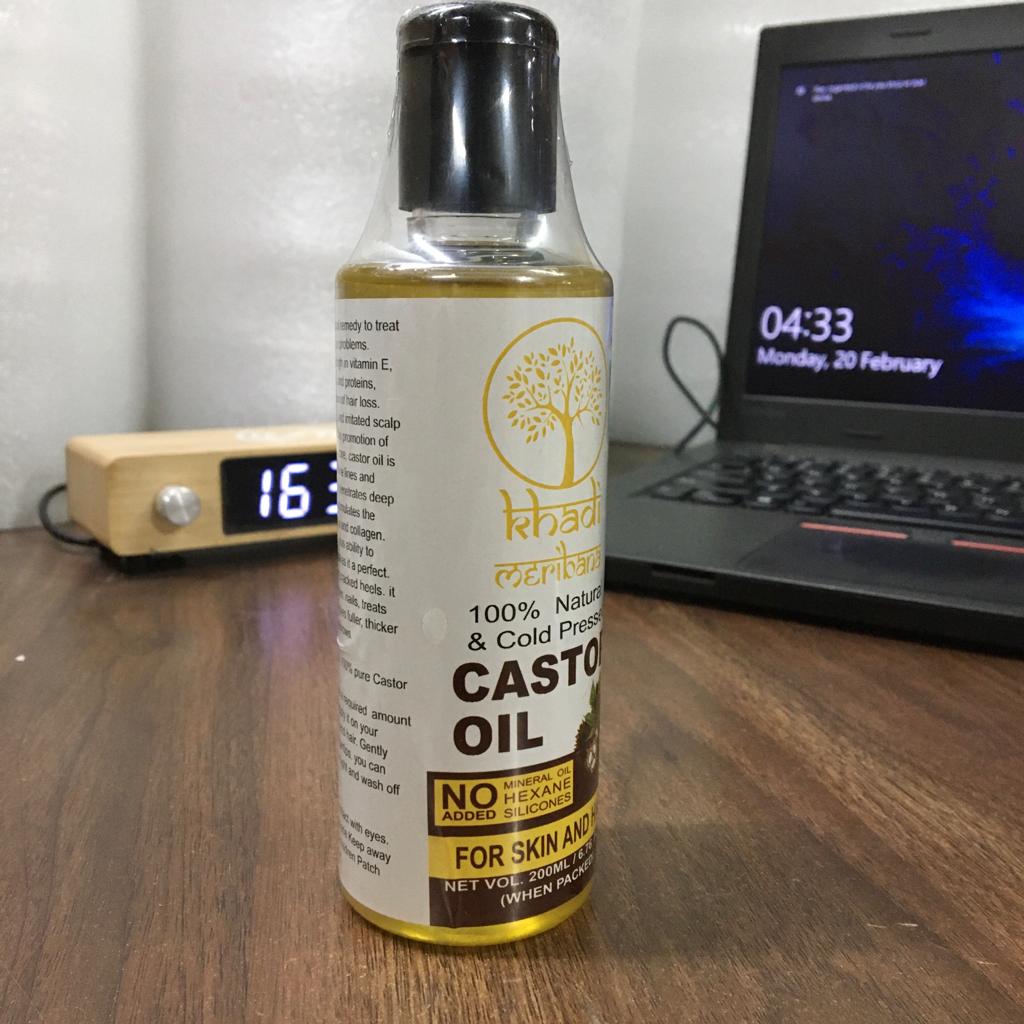 Khadi Meribana India Earth Science Ayurveda Cold Pressed Castor Oil For Hair and Skin (200 ml) Pack Of 2
