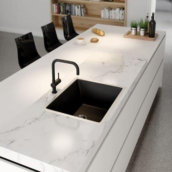 Nirali Elex Quartz Single Bowl Kitchen Sink in Onyx Finish Without Drainboard + PVC Plumbing Connector - peelOrange.com