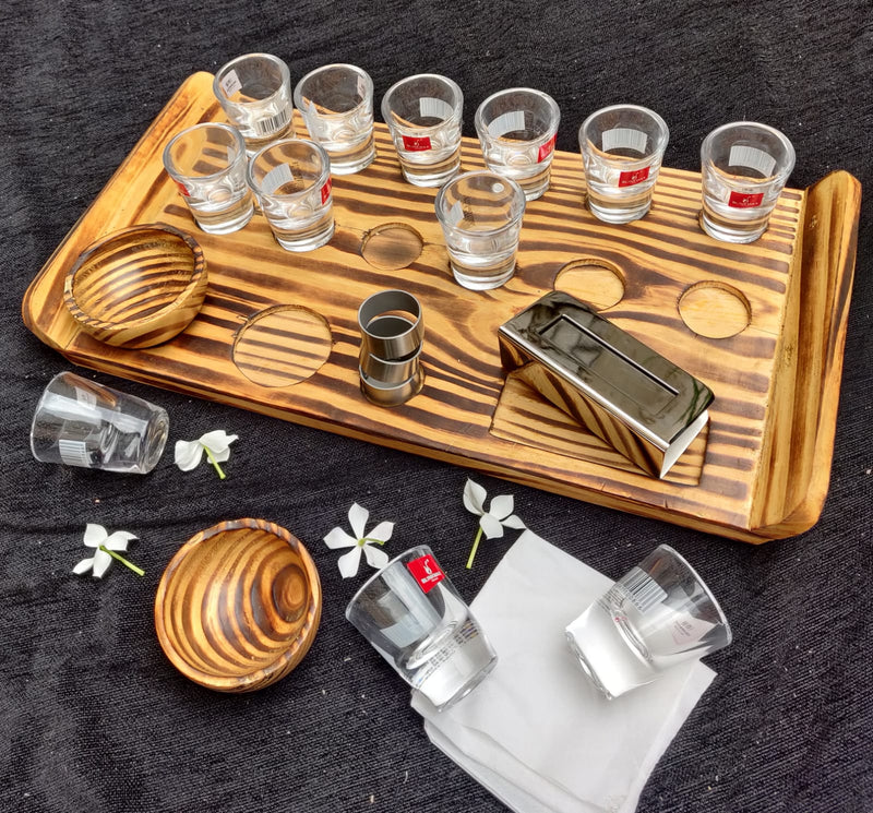 Handcrafted Pine Wood Snacks Set with 12 Shot Glasses MK