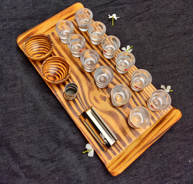 Handcrafted Pine Wood Snacks Set with 12 Shot Glasses MK
