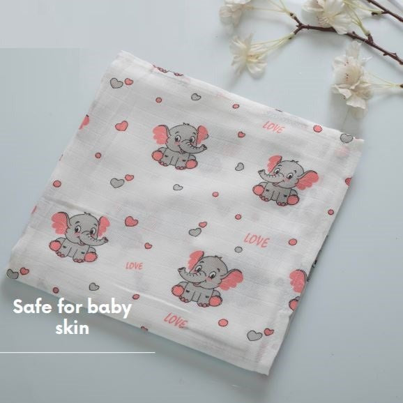 Cute Elephant Random Printed Muslin Cloth Baby Swaddle Blanket By MM - 1 Pc